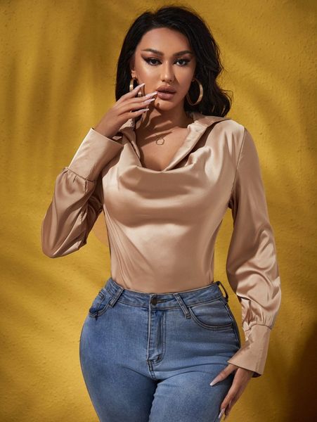 

sxy solid cowl neck satin blouse c0yp#, White