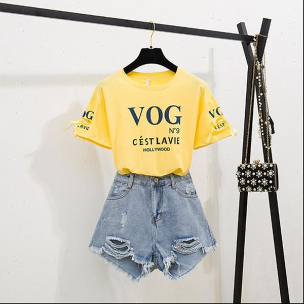 

summer short slletter printed women tracksuits hole washed jeans 2 set casual t shirt suit for youth woman vogue stylish, Gray