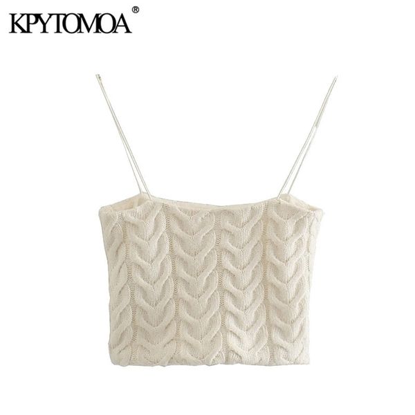 

women fashion cable-knit cropped knit tank with lining thin straps female camis mujer 210420, White