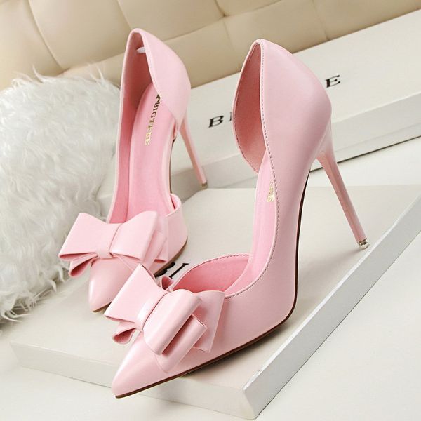 

korean style fashion delicate and sweet bow dress shoe high heels stiletto shallow pointy side hollow single shoes, Black