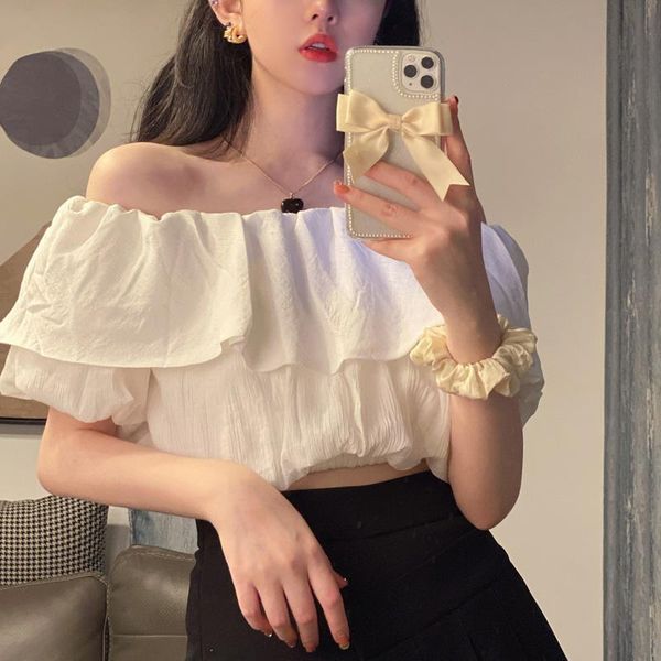 

women's t-shirt zoki white t shirt solid slash neck short sleeve ruffles casual tees street girl fashion summer 2021