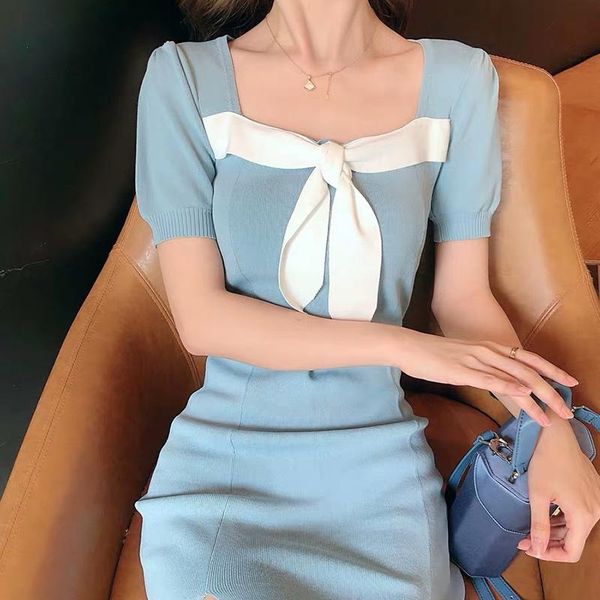 

casual dresses bow tie split blue bodycon party dress women ruched puff sleeve square clloar elegant mini female summer 2021, Black;gray