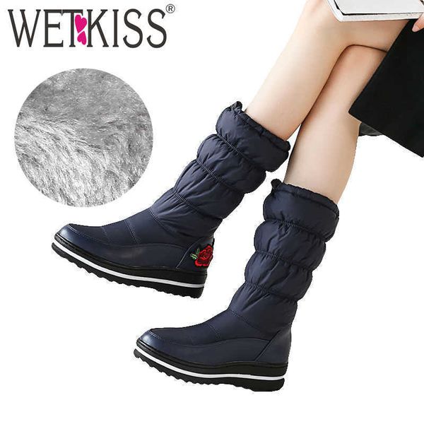 

wetkiss mid calf snow boots women platform boot winter warm embroider down cotton footwear fashion cleated lady shoes 210630, Black