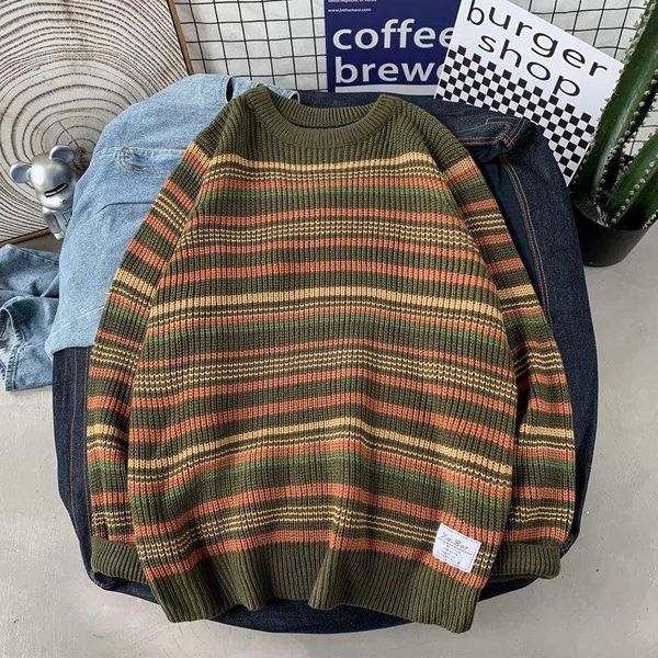 

men's vests stripe sweater men vintage thick coarse wool korean loose o-neck pullover contrast color casual wild personality top, Black;white
