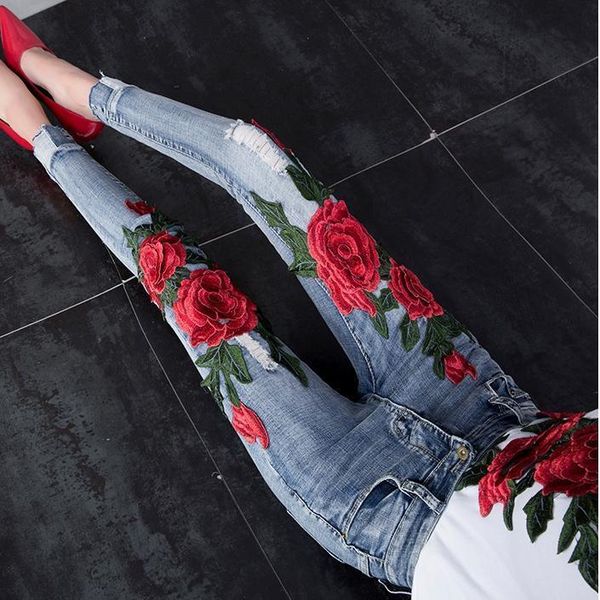 

flower embroidered stretch skinny elastic women jean pencil hole ripped rose pattern plus size 25 31, Blue