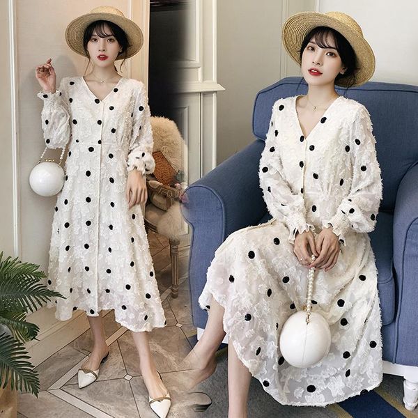 

3081# autumn spring korean fashion maternity long dress v neck ties waist party clothes for pregnant women dot dobby pregnancy dresses, White