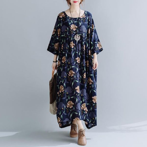 

fashion vintage suitable western style spring summer artistic loose plus size women's printed anti-aging mid-length dress casual dresse, Black;gray