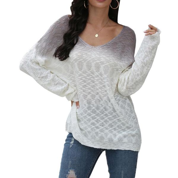 

women's sweaters loose batwing long sleeve autumn style v neck gradient printed knitted sweater hollow out pullover, White;black