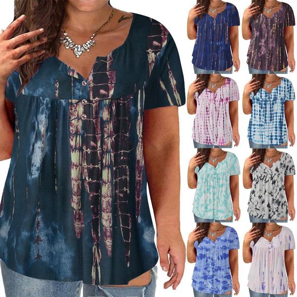 

plus size t-shirt women shirts blouses v-neck tie-dye print button short sleeve blouse femme blusa feminina streetwear, Black