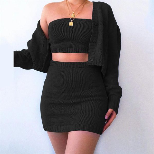 

wrap chest knitted 3 piece womens dresses set autumn cropped cardigan and skirt sets office lady outfit conjunto punto, White