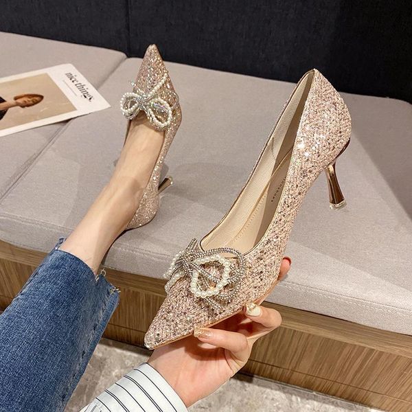 

dress shoes crystal sequined high heels women spring and summer pointed toe stiletto ladies rhinestone wedding, Black
