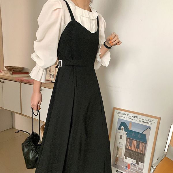 

women sling dress black summer two-piece clothing white three quarter shirt ruffled collar 2021 new korean style casual