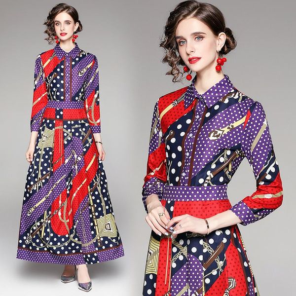 

casual dresses 2021 polka dot striped runway maxi dress autumn women long sleeve office lapel slim a-line printed pleated party frock, Black;gray