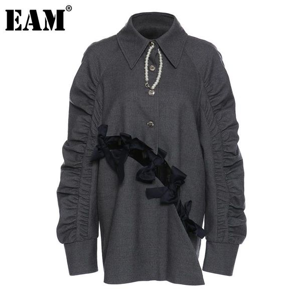 

[eam] women gray wrinkled pearls bows big size blouse lapel puff sleeve loose fit shirt fashion autumn winter 20211dd1602 women's blous, White