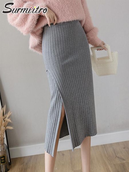 

skirts surmiitro 2021 fashion winter warm knit midi long pencil skirt women korean style mid-length high waist side slit female, Black