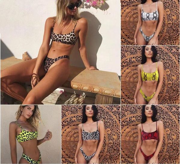 

two-piece suits style women's summer leopard split swimsuit,in 2021 fashionable classic close fitting printing gathered beach bikini