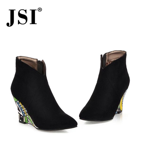 

boots jsi fashion winter ankle women pointed toe zip wedges solid ladies shoes flock super high heels handmade jo322, Black