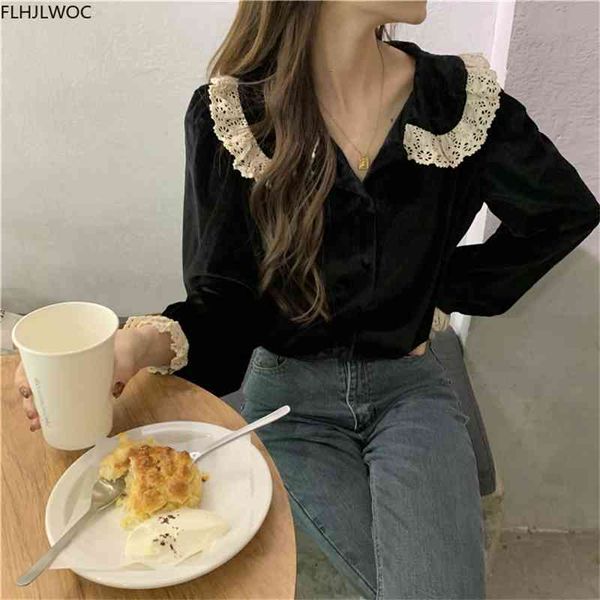 

women's blouses & shirts japan style girls feminine blusas women patchwork white lace v neck solid colar black single breaste