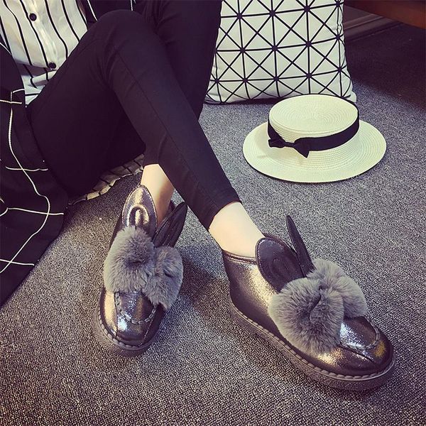 

boots 2021 women winter snow outdoor fur keep warm shoes ears female slip-on pu leather solid casual, Black