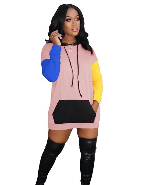 

panelled plus size dresses fashion hooded contrast color casual long sleeve designer womens clothing, Black;gray