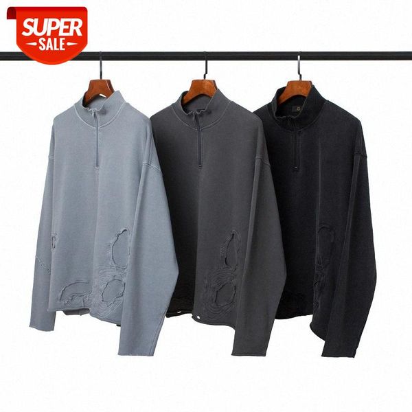 

hip-hop oversize loose half zipper stand collar ripped sweatshirt jacket men #pp9u, Black