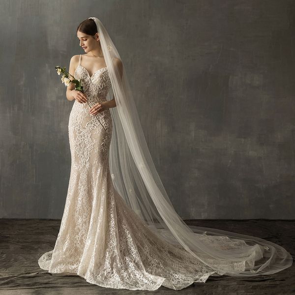 

v641 delicate cathedral marriage bridal veil one-layer soft tulle chiffon pearl flower applique white lawn wedding bride headdress, Black