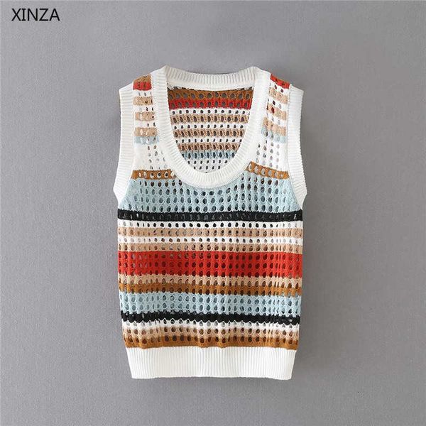 

women's knits & tees women striped openwork cropped vest sweater sleeveless o neck vintage pullover female fashion loose spring s, White