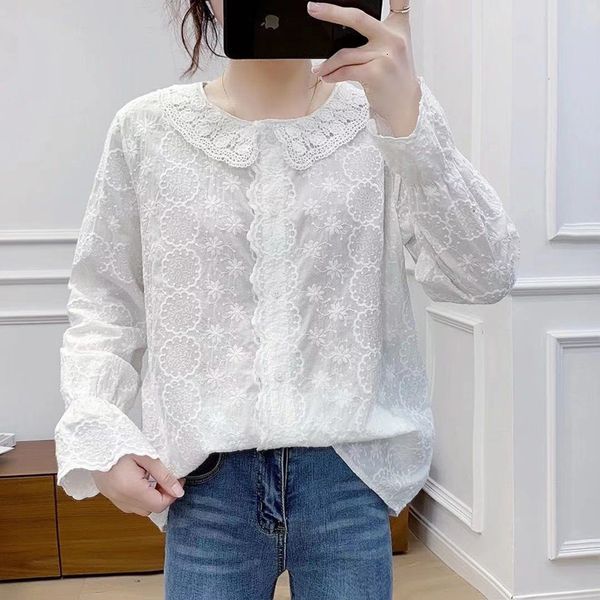 

women's blouses & shirts lamtrip unique retro full floral embroidery lace peter pan collar long sleeve shirt blouse mori girl 2021, White