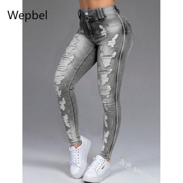 

wepbel washed ripped denim trousers jeans women stretch pencil pants high waist full length skinny women's, Blue