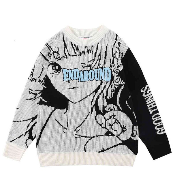 

men's fur & faux harajuku anime sweater autumn cartoon girl knitted jumper for hip hop streetwear pullover s evqp, Black