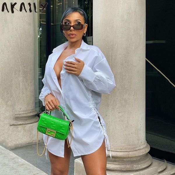 

casual dresses akaily white side hollow out drawstring long shirt women black sleeve basic blouses female 2021 fall streetwear loose, Black;gray