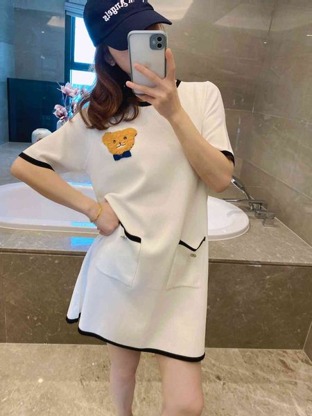 

1379 little bear dress spring and summer new hemp ice silk long straight skirt pocket contrast bear sticker, Black;gray
