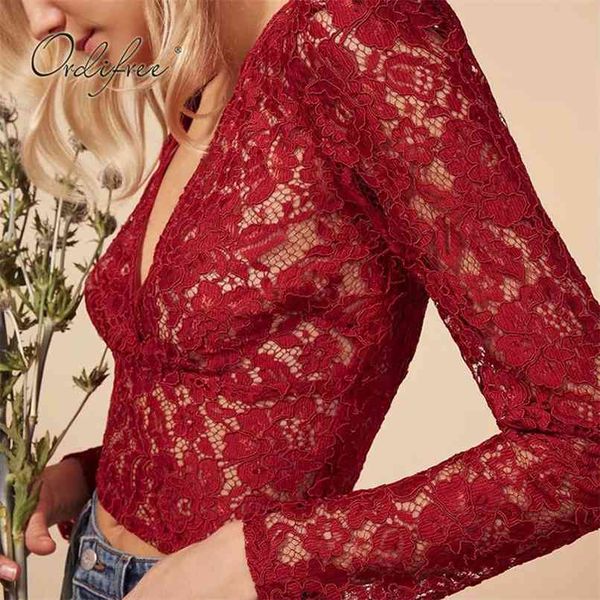 

summer women lace blouse shirt long sleeve see through short 210513, White