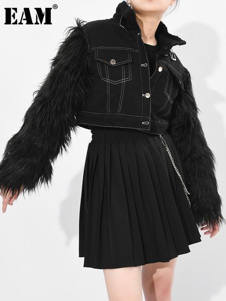 

women's jackets [eam] loose fit black fur short denim big size jacket lapel long sleeve women coat fashion spring autumn 2021 1dd120601, Black;brown
