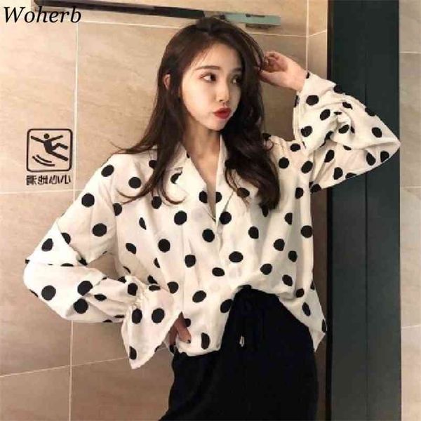 

fashion women long sleeve polka dot blouse office lady casual loose plus size blouses korean chic vintage 210519, White