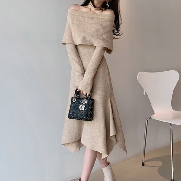 

autumn winter ruffles mermaid maxi sweater women off shoulder camel black elegant female a-line long midi knit dress 210416, Black;gray