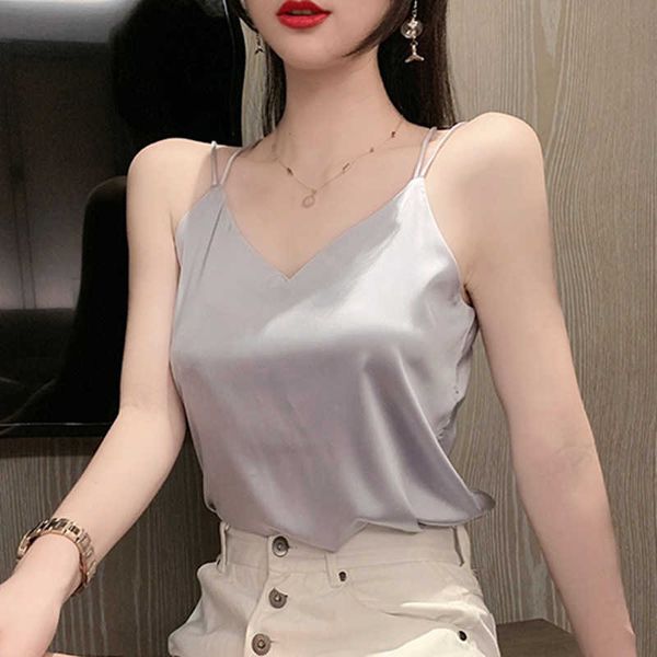 

korean silk women camis halter woman sleeveless satin tank plus size white v neck 210604