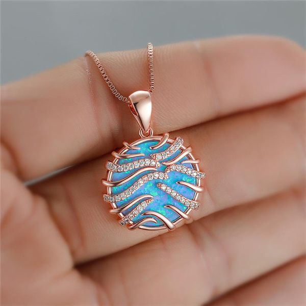 

pendant necklaces white blue opal necklace geometric crystal round stone rose gold silver color chain wedding for women