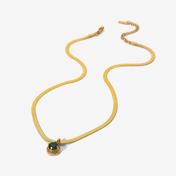 

pendant necklaces tarnish stainless steel snake chain green emerald stone charm flat herringbone 18k gold chocker, Silver