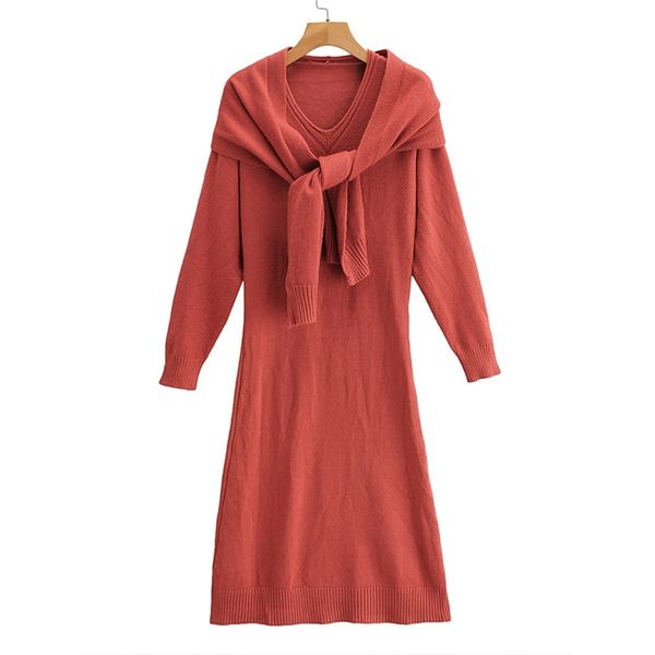 

women long knit maxi sweater dress and scarf 2-piece set autumn winter knitted a line ribbed thick christmas party es 210422, Black;gray