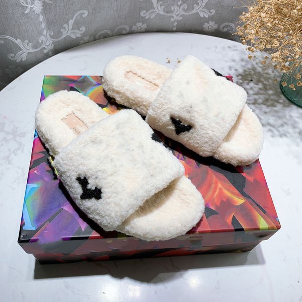 

paris designer brand l lambswool slipper old flowers women fur woolen plush sliders lambskin sandals flat heel slippers home loafers luxurys, Black
