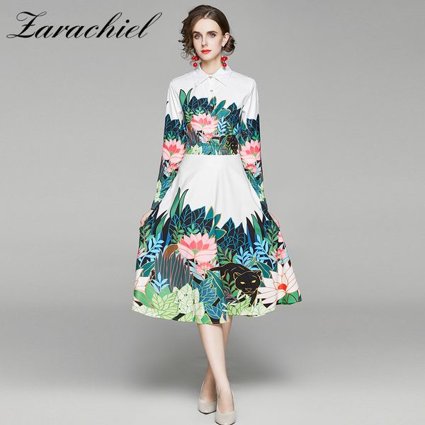 Modedesigner Tropical Jungle Floral Green Leaves Midi Damen Langarm Umlegekragen Slim High Waist Vintage Kleid 210416