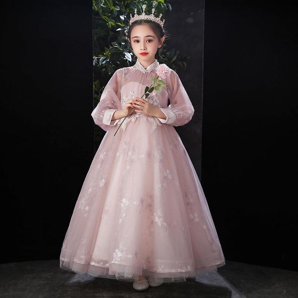 

girl's dresses flower girl dress illusion sequined high pleat luxury pink embroidery princess floor-length tulle lace full kids party g, Red;yellow