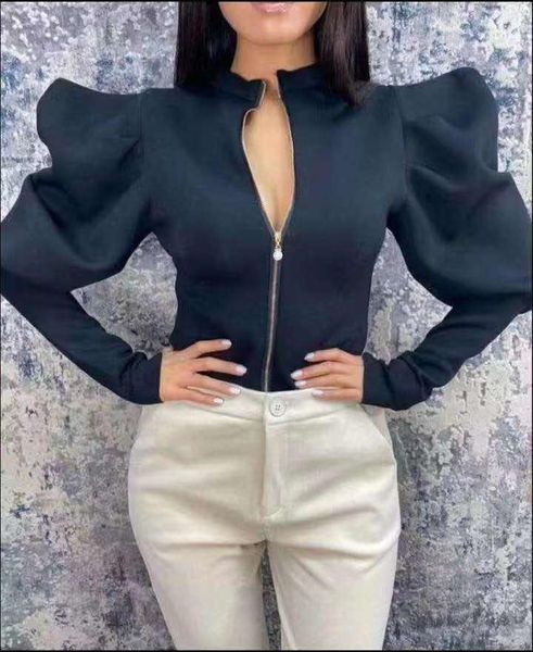 

women's blouses & shirts big puff sleeve women pullovers zip up fashion vintage blusas for, White