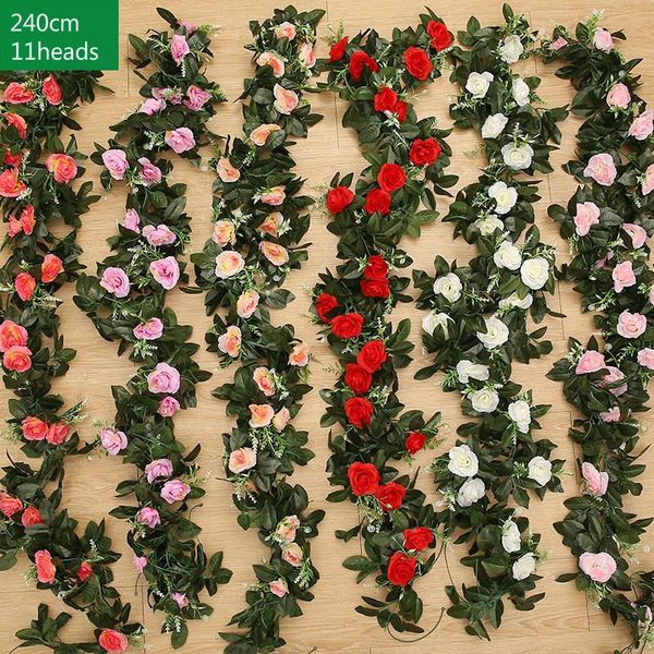 

240cm 11 heads silk roses with green leaves home wedding decoration simulation flower rose artificial hanging decorative flowers & wreaths