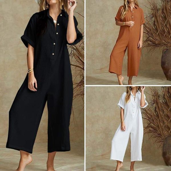 

summer one piece womens rompers loose solid button casual, Black;white