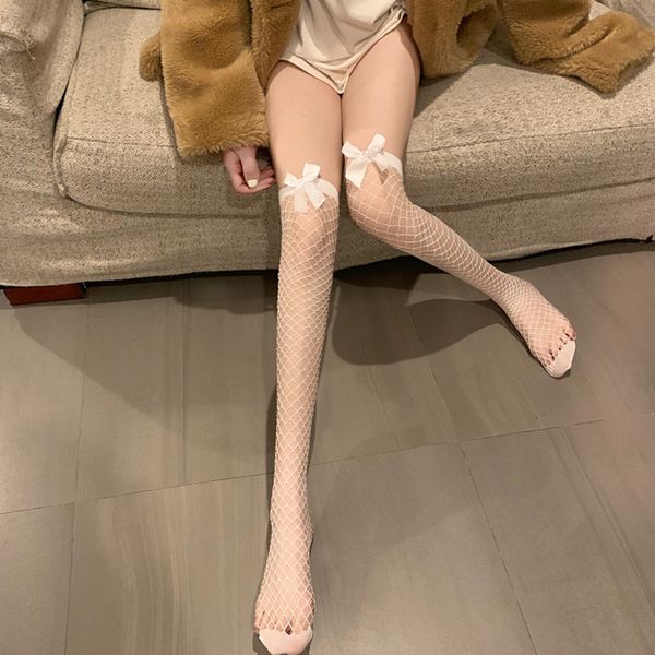 

hollowed out fishing women's spring and autumn thin white high korean bow middle tube socks net red silk stockings, Black;white