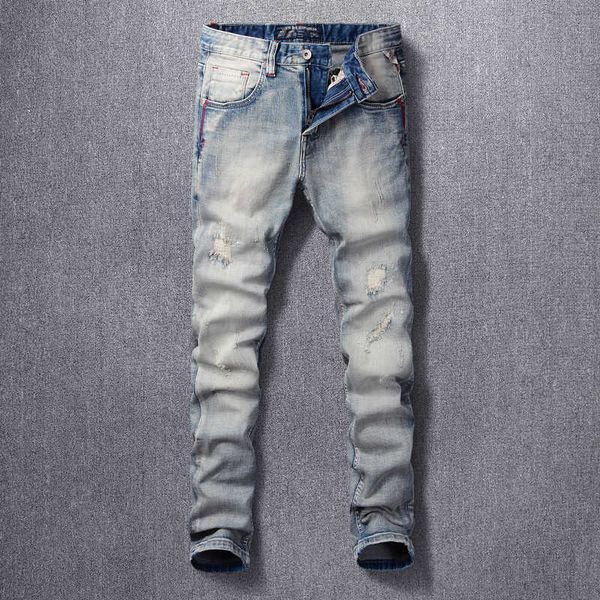 

men's jeans italian style fashion men retro light gray blue elastic cotton ripped patchwork vintage designer slim denim pants 1vb0