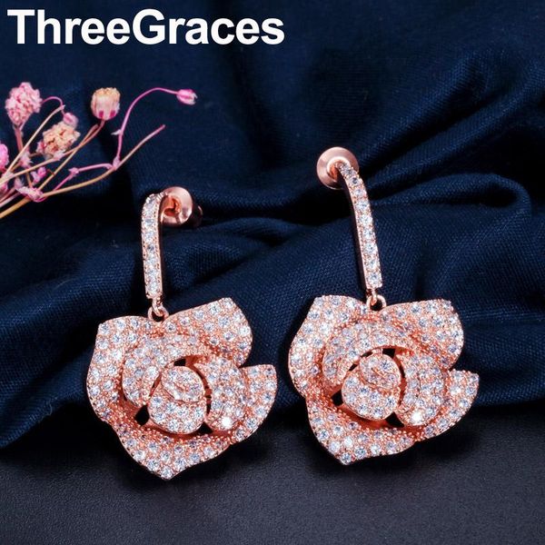 

threegraces fashion cz crystal jewelry sparkling cubic zirconia stone big rose flower stud earring for women er037, Golden;silver