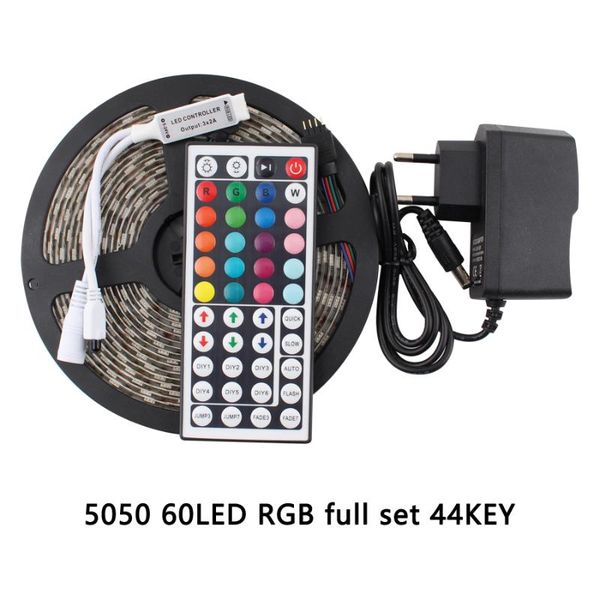 

strips 12v led strip rgb waterproof 5m smd ledstrip warm white 60leds/m tape home decor power adapter 44key remote full set